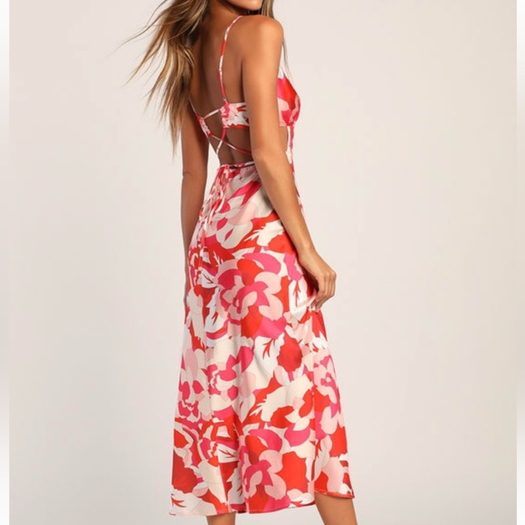 Lulus Pink & Red Floral Satin Midi Dress size Medium - Picture 4 of 12